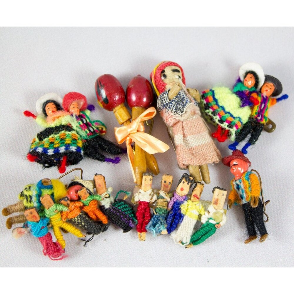 Lot of Handmade Miniature Latin American Dolls Worry Dolls Maracas Pins AS IS